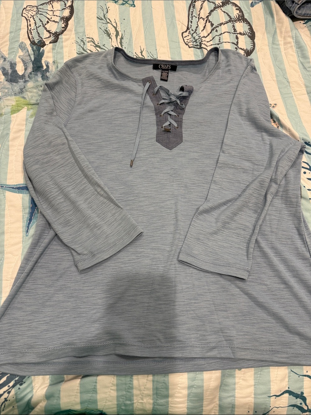 Chaps Light Blue Lace-Up Long Sleeve Tee